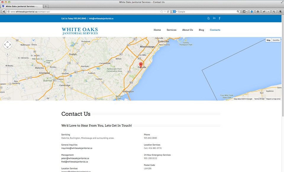 White Oaks Janitorial Services website - contact page