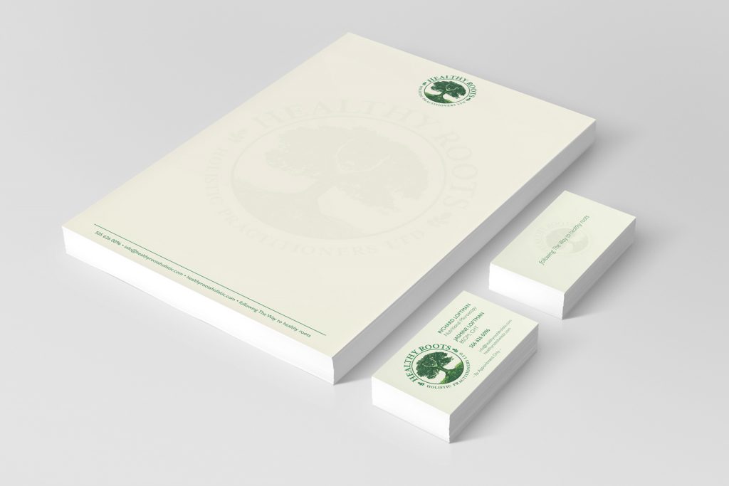 Healthy Roots Holistic Practitioners: business card and letterhead design