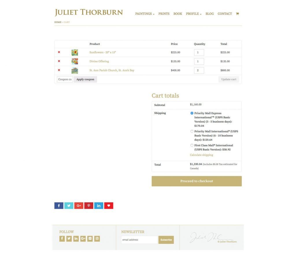 JulietThorburn.com website ecommerce cart page - desktop version